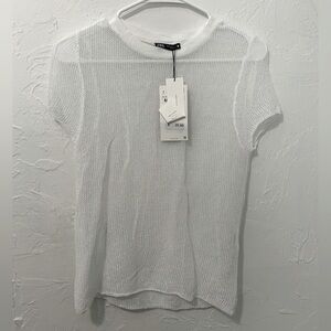 NWT Zara Fishnet Mesh Short Sleeve Top